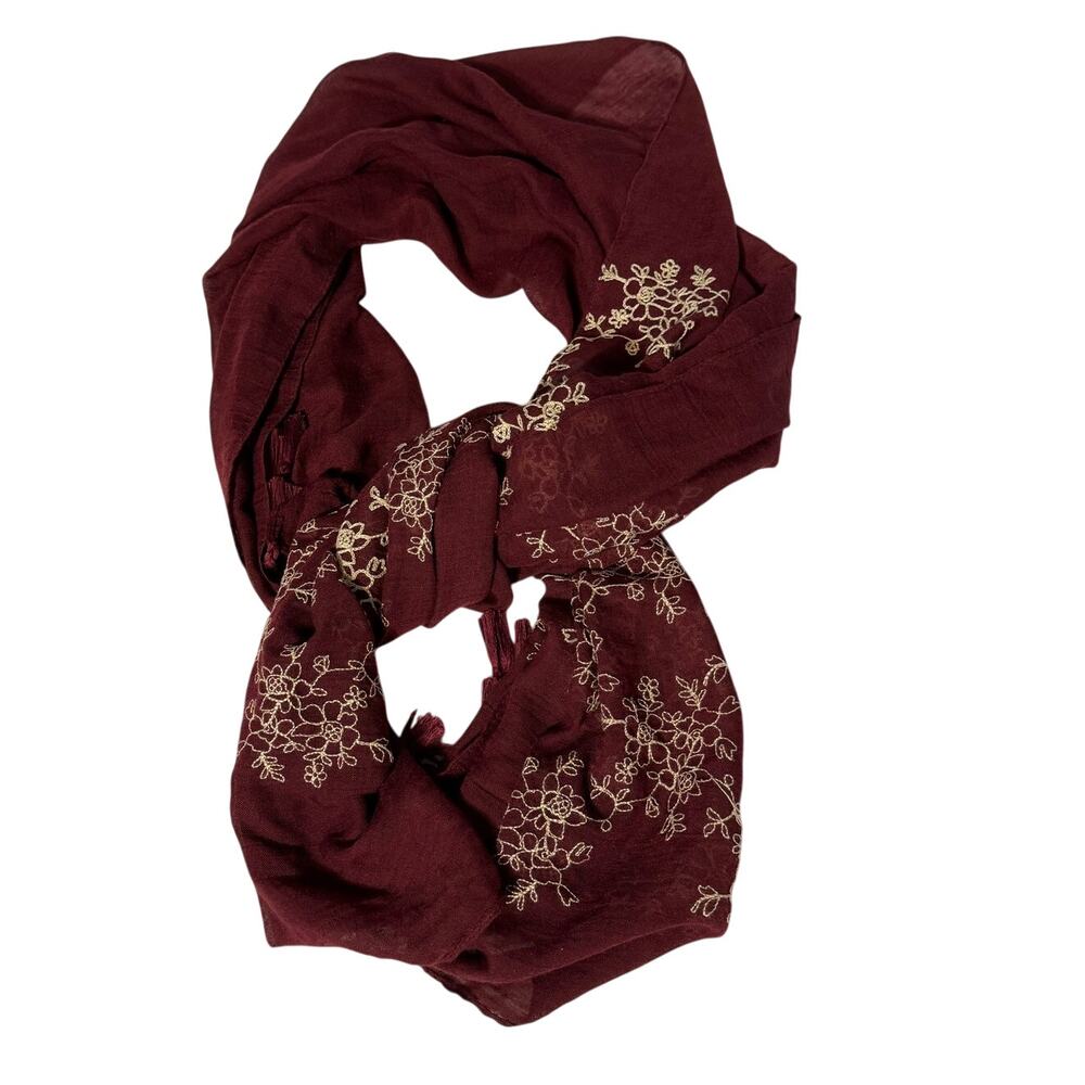 Rikka · Rectangular Scarf Floral Embroidered Tassels · Viscose · Maroon/Burgundy